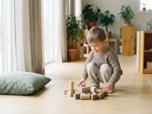 Kleinkind spielt mit Holzbausteinen auf Birkenboden in einem hellen Skandinavischen Kindergarten mit natürlichem Licht.