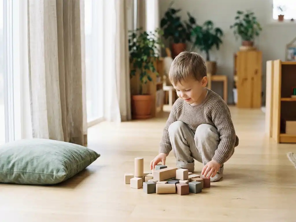 Kleinkind spielt mit Holzbausteinen auf Birkenboden in einem hellen Skandinavischen Kindergarten mit natürlichem Licht.