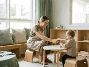 Erzieherin auf ergonomischem Holzhocker im Gespräch mit einem Kleinkind in einem hellen Kindergartenraum mit Eichenmöbeln.