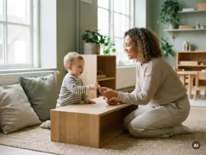 Erzieherin kniet auf Augenhöhe eines Kleinkinds an einem niedrigen Holzpodest in einem hellen, skandinavisch eingerichteten Kindergarten.