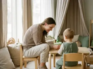 Erzieherin sitzt auf kleinem Kinderstuhl und interagiert liebevoll mit einem Kleinkind in skandinavisch eingerichtetem Kindergarten.