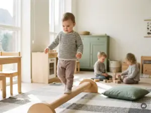 Kind balanciert konzentriert auf einem niedrigen Buchenpodest in einem hellen skandinavischen Kindergartenraum mit Eichenholz und Naturlicht.