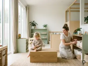 Kleines Kind sitzt auf einem Holzpodest in einem hellen Kindergartenraum mit skandinavischem Design, Erzieherin im Hintergrund.