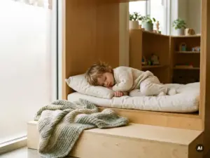 Kleines Kind ruht in einer gemütlichen Holznische mit Leinenpolster und Strickdecke in einem skandinavischen Kindergarteninnenraum.