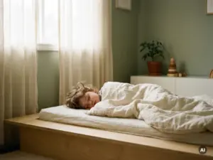 Kleines Kind schläft friedlich in einem niedrigen Holzpodestbett im skandinavischen Stil, weiche Leinendecke, gedämpftes Tageslicht.