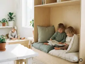 Zwei Kleinkinder lesen in einer gemütlichen Leseecke aus Birkenholz, eingebettet in Leinenkissen, während ein drittes Kind auf einem Holzpodest spielt.
