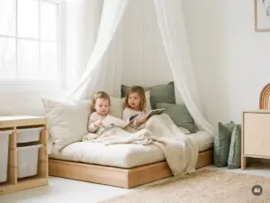 Zwei Kleinkinder kuscheln in einer Skandinavischen Leseecke mit Leinenkissen, Holzplattform und Baldachin im hellen Naturlicht.
