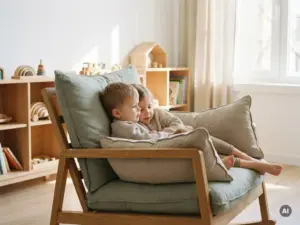 Zwei Kleinkinder schaukeln gemeinsam auf einem Holzschaukelstuhl in einem hellen Kita-Raum im skandinavischen Stil.