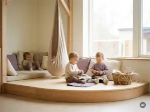 Zwei Kleinkinder erkunden taktile Materialien auf einer Holzplattform, ein drittes Kind ruht in einer gepolsterten Ecke, Sensorikraum in skandinavischem Kitadesign.