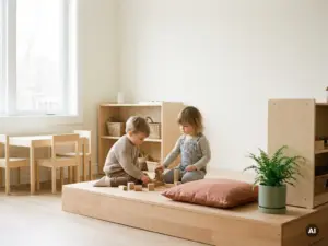 Zwei Kleinkinder spielen auf einer Holzplattform in einem hellen, skandinavisch eingerichteten Kindergartenraum mit Birkenholzmöbeln.
