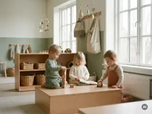 Drei Kleinkinder spielen selbstständig auf einem Holzpodest in einem hellen, skandinavisch eingerichteten Kita-Raum mit Naturholzregal.