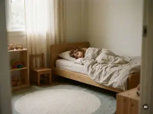 Kind schläft friedlich auf einem niedrigen Holzbett im Kindergarten, zugedeckt mit einer Leinendecke, in warmem Tageslicht.