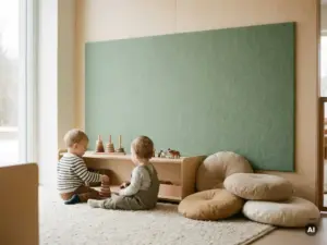 Zwei Kleinkinder spielen ruhig mit Holzspielzeug in einer Kita-Ecke mit Birkenholzwand, Akustikpaneel und Naturwollteppich.