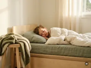Schlafendes Kleinkind auf Leinenkissen auf Holzplattform, Strickdecke daneben, warmes Tageslicht im skandinavischen Kinderzimmer.