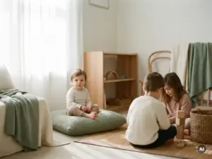 Kleinkind sitzt auf einem Stoffkissen in einer minimalistischen Spielecke mit Holzspielzeug und gedämpften Naturtönen.