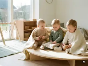 Drei Kleinkinder sitzen zusammen auf einem Holzpodest, in cremefarbene Stoffe gehüllt, und erkunden Holzringe in einem hellen skandinavischen Spielzimmer.