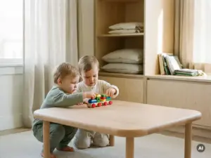 Kleinkinder spielen konzentriert an einem niedrigen Holztisch mit Buchenkantenleisten, natürlichem Leinenstoff und weißen Regalen im Hintergrund.