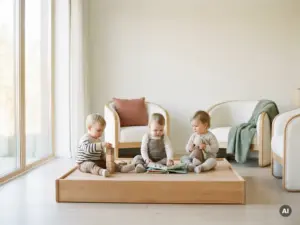 Kleinkinder spielen auf einem Holzpodium in einem hellen Kita-Raum mit skandinavischem Design und warmem Tageslicht.