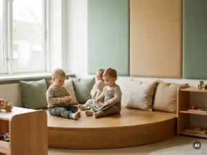 Kleinkinder spielen auf einem Holzpodium in einem hellen skandinavischen Kindergartenraum mit Textilpaneelen und Naturleinen.