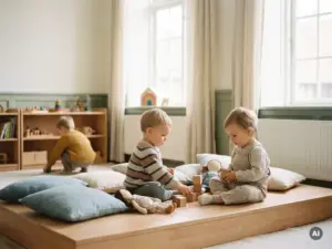 Zwei Kleinkinder spielen ruhig auf einer Holzplattform in einem hellen Kindergarten mit skandinavischem Design und natürlichem Licht.