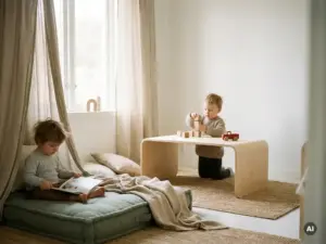 Skandinavisches Kinderzimmer mit Leseecke und Spieltisch aus Birkenholz, zwei Kleinkinder spielen ruhig, natürliches Licht, Salbeigrün und Beige.
