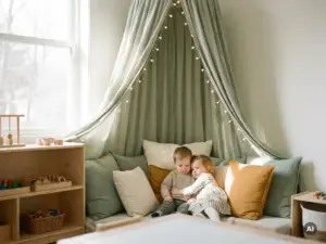 Zwei Kleinkinder ruhen in einem Snoezelen-Kuschelessbereich mit Lichterketten, Stoffbaldachin und Birkenholzregal in einem Kindergarten.