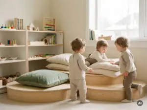 Drei Kleinkinder erkunden Plüschkissen und Holzplattformen in einer ruhigen Snoezelen-Ecke mit skandinavischem Design.