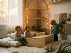 Zwei Kleinkinder auf Plüschkissen neben einem Birkenholz-Podium in einer Snoezelen-Ecke, ein drittes Kind berührt ein sensorisches Textilpanel.