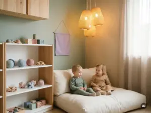 Zwei Kleinkinder sitzen ruhig auf einem Cremekissen in einer Snoezelen-Ecke mit warmem Bernsteinlicht und Buchenholzregalen.