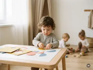 Kleinkind mit Locken bastelt an weißem Holztisch, Geschwister spielen im Hintergrund, warmes Tageslicht, skandinavisches Interieur.