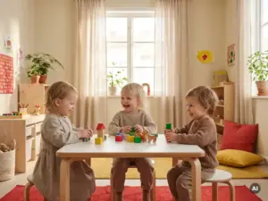 Drei Kleinkinder spielen mit buntem Holzspielzeug an einem Birkenholztisch in einem hellen skandinavischen Kindergartenraum.