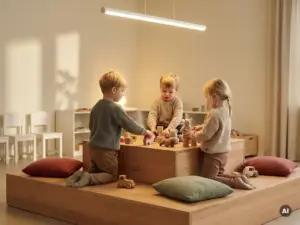 Drei Kleinkinder spielen auf einem Holzpodium in einem skandinavischen Kindergartenraum mit warmem LED-Licht und bunten Textilelkissen.
