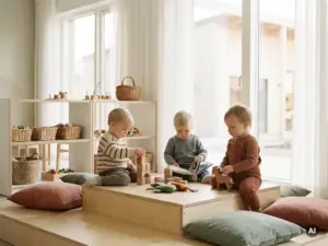 Drei Kleinkinder spielen auf einem Holzpodest in einem hellen, skandinavisch gestalteten Kindergartenraum mit Birkenholz und Terrakotta-Kissen.