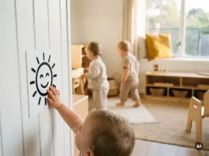 Kleinkind berührt Piktogramm-Symbol an weißer Holzwand in hellem skandinavischem Kindergarten mit Buchenholzmöbeln.
