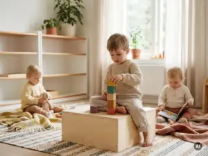 Kind stapelt bunte Holzklötze auf einem Birkenholz-Podest in einem skandinavischen Kindergarten mit weißen Möbeln und warmem Naturlicht.