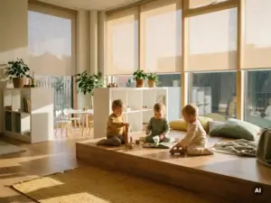 Drei Kleinkinder spielen auf einer Holzplattform in einem hellen skandinavischen Kindergartenraum mit minimalistischen weißen Möbeln.