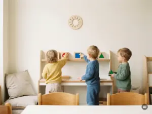 Drei Kleinkinder erkunden ein helles skandinavisches Kinderzimmer mit Holzregal, farbigen Symbolen und Eichenmöbeln im Morgenlicht.