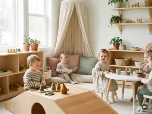 Drei Kleinkinder spielen in einem hellen skandinavischen Kindergartenraum mit Holzpodest, Leseecke und weißem Esstisch.