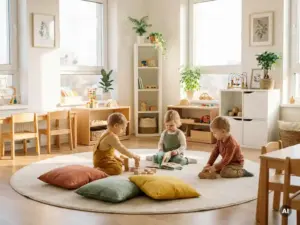 Drei Kleinkinder spielen in einem hellen skandinavischen Kindergarten mit Buchenholzmöbeln und terrakottafarbenen Textilkissen im Morgenlicht.