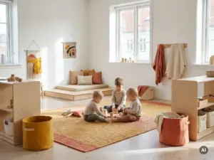 Drei Kleinkinder spielen in einem hellen skandinavischen Kindergartenraum mit Holzmöbeln und gelb-korallfarbenen Farbakzenten.