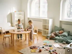 Zwei Kleinkinder spielen an einem Holztisch in einem hellen, skandinavisch inspirierten Kindergartenraum mit Naturlicht und bunten Bastelmaterialien.