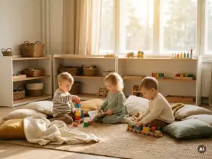 Drei Kleinkinder spielen in einem hellen skandinavischen Kindergartenraum mit Holzspielzeug im warmen Morgenlicht.