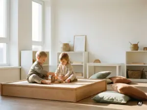 Zwei Kleinkinder spielen ruhig auf einem Holzpodium in einem hellen skandinavischen Kinderzimmer mit Salbei- und Terrakotta-Kissen.